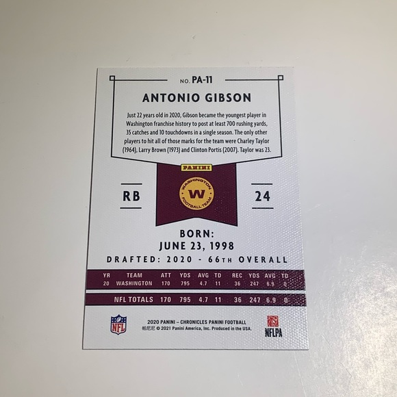 🏈 5/$10 2020 PANINI CHRONICLES PANINI #PA-11 Antonio Gibson NFL TRADING CARD 🏈 - Picture 2 of 3